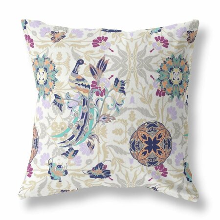 PALACEDESIGNS 18 in. Peacock Indoor & Outdoor Zip Throw Pillow White & Purple PA3101211